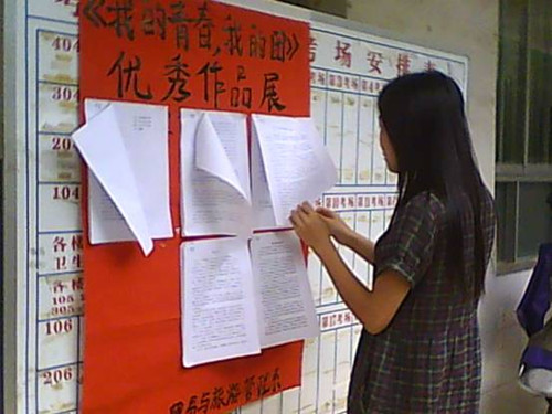 青年学生在认真看“我的青春，我的团”征文比赛作品展